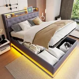 Merax Polsterbett 140x200cm mit LED und USB, hydraulisches Boxspringbett mit Lattenrost, Stauraum und Metallrahmen, Doppelbett Jugendbett Leinen, Grau - Grau