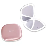 Mocado Taschenspiegel mit Licht, 1/10 Fach Vergrößerungsspiegel 10cm, Beidseitig Reisespiegel mit 3 Farbenverstellbare Leuchten, Wiederaufladbar & Touchscreen, Kleiner Spiegel(Roségold)