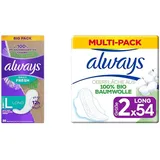 Always Daily Fresh Slipeinlagen Long ohne Duft, 100% pflanzenbasierten Fasern (38 Stück) + Always Ultra Binden Cotton Protection Long mit Flügeln Gr. 2 (54 Stück) (Kombipaket Slipeinlagen & Binden)