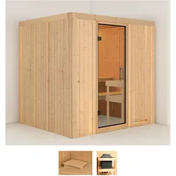 Sauna KARIBU "Dima", beige (naturbelassen), ohne Ofen, (ohne Ofen), Saunen, ohne Ofen