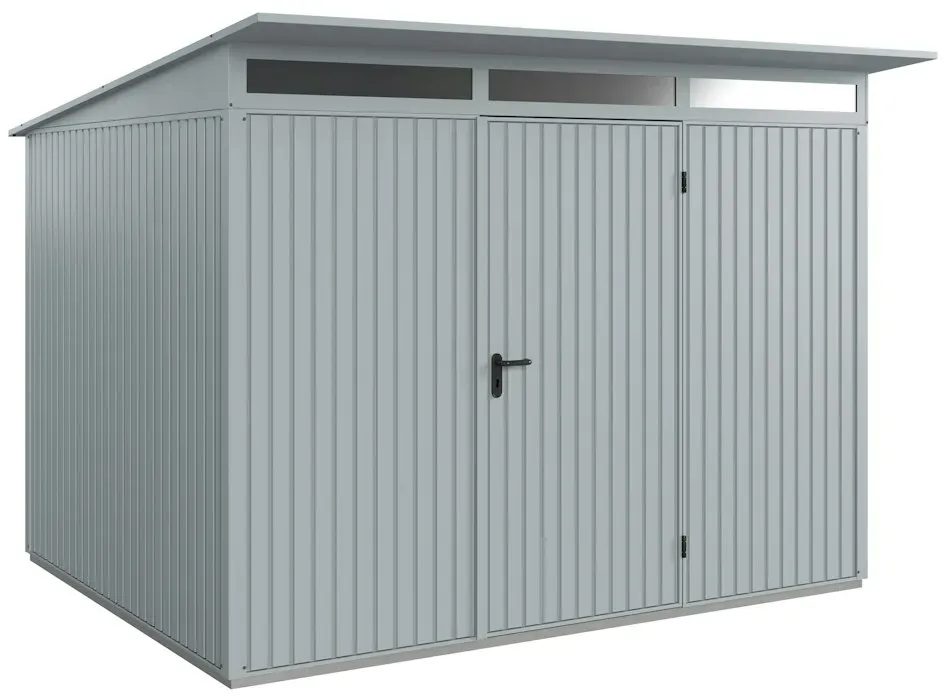 Hörmann Metall-Gerätehaus Berry mit Pultdach B 302 x T 238 cm (Typ 3), Motiv Classic (mit schmalen Lamellen), Einzeltür Türanschlag rechts, Fenstergrau (RAL 7040)