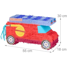 Relaxdays Feuerwehrauto Piñata 3tlg. 55 cm x 30 cm x 18 cm Rot/Blau/Schwarz
