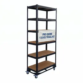 Relaxdays Schwerlastregal auf Rollen, HxBxT: 209 x 90 x 40 cm, 900 kg, 6 Böden, Stahl, Stecksystem, Lagerregal, schwarz
