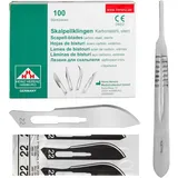 Set - 100 Stück sterile Skalpellklingen Figur 22 aus Karbonstahl - Ersatzklingen + 1 x Shehadeh - Skalpell-Halter - Edelstahl