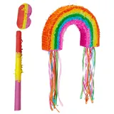 Relaxdays Pinata Regenbogen, mit Stab & Maske, Partypinata Kinder, Geburtstag, zum Befüllen, HxBxT: 35 x 53 x 9 cm, bunt