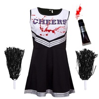 Zombie-Cheerleader-Kostüm mit Kunstblutröhrchen, „totes Cheerleader“-Outfit für Damen, Mädchen oder Kinder zu Halloween, Schwarz-Weiß, Größe S