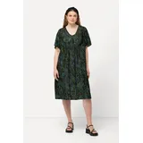 Ulla Popken Jerseykleid Punkte Smokeinsatz V-Ausschnitt Halbarm schwarz 58-60