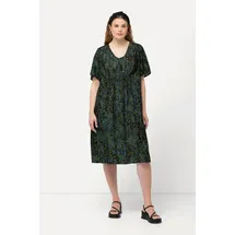 Ulla Popken Jerseykleid Punkte Smokeinsatz V-Ausschnitt Halbarm schwarz 58-60