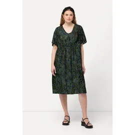 Ulla Popken Jerseykleid Punkte Smokeinsatz V-Ausschnitt Halbarm schwarz 58-60