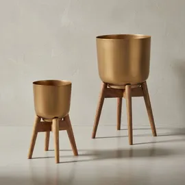 KADIMA DESIGN Alu-und-Holz Pflanzenkübel Set in Gold/Braun, modern & elegant, für stilvolle Inneneinrichtung. 31x31x51 cm | Kadima Design