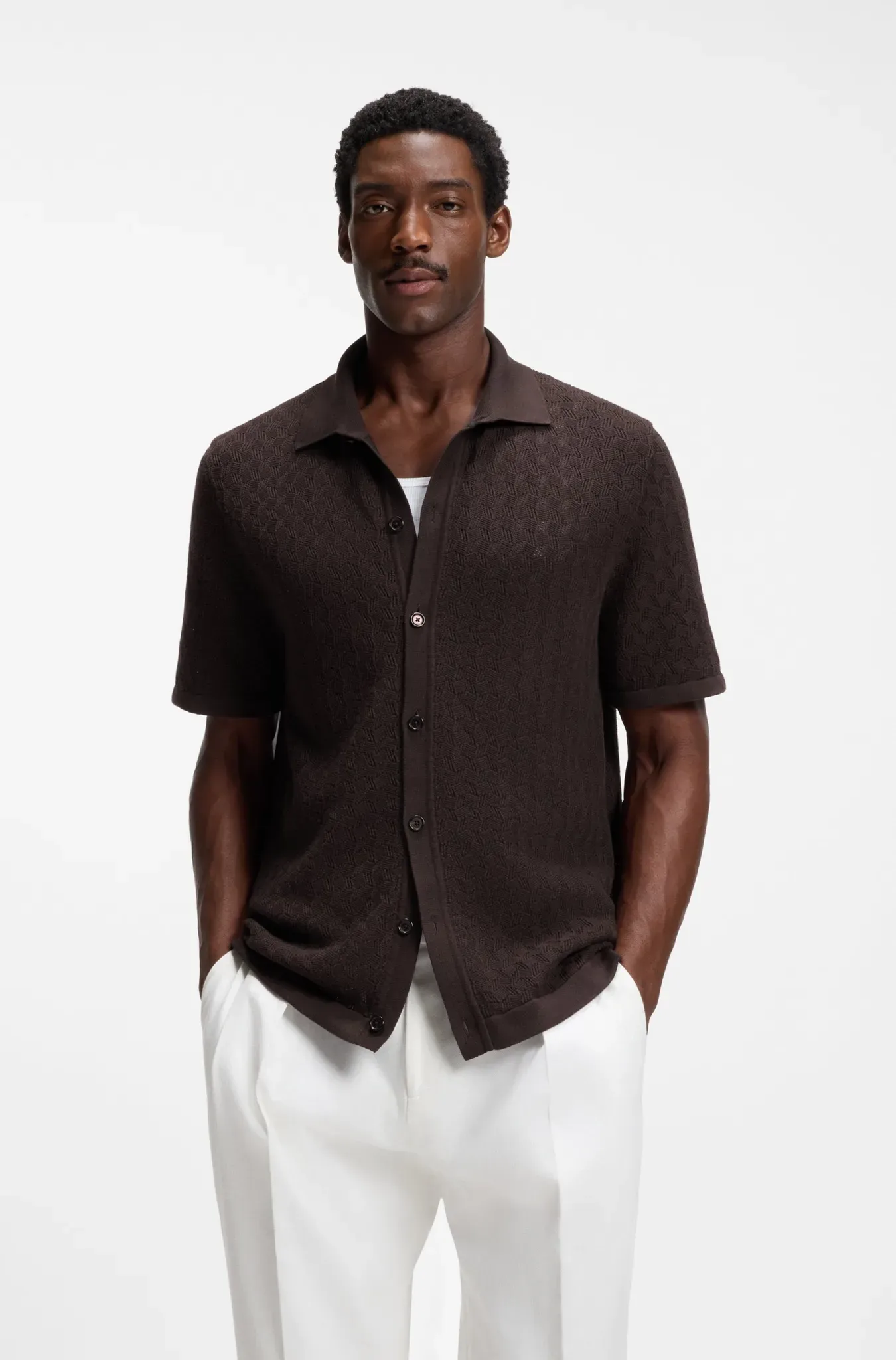 Kurzarmhemd BOSS, Herren, Gr. XXL, N-Gr, schwarz braun207, Strick, Obermaterial: 100% Baumwolle, unifarben, regular fit normal, Rundhals, Bündchen, Hemden, aus Baumwoll-Strick, Regular Fit, Polokragen
