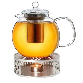 Creano Teekanne aus Glas 1,7l + EIN Stövchen aus Edelstahl, 3-teilige Glasteekanne mit integriertem Edelstahl Sieb und Glasdeckel, ideal zur Zubereitung von losen Tees, tropffrei