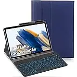YHFZR Tastatur Hülle für Samsung Tab A8 2021, [Deutsches QWERTZ] Ultraslim Hülle mit 7 Farben Beleuchtung Kabellose Tastatur mit Schützhülle für Galaxy Tab A8 SM-X200/205 10,5 Zoll, Blau