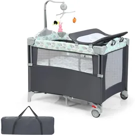 Costway - 4 In 1 Klappbares Reisebett & Beistellbett & Wickeltisch & Laufstall Rollbar, 2 Ebenen Babybett Inkl. Spielbogen Mit Spieluhr, Matratze, Wickelauflage, Windelaufbewahrung Und Tragetasche
