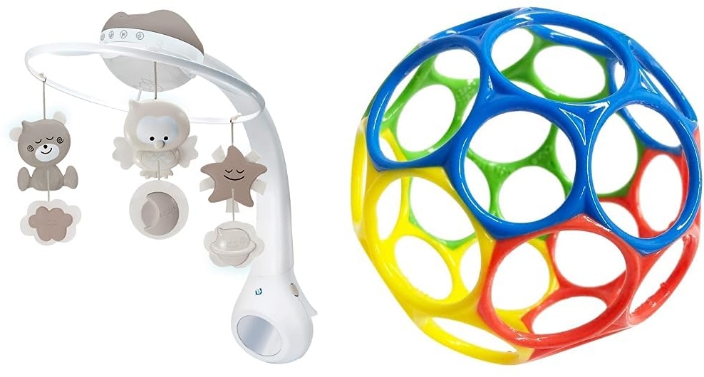 INFANTINO 3 in 1 Projector Musical Mobile & Bright Starts, Oball Classic, flexibler und leicht zu handhabender Ball, sensorisches Aktivitätsspielzeug für Kinder aller Altersstufen, mehrfarbig