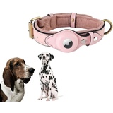 PUSHY.D AirTag-Halsband für Hunde und Katzen Hochwertiges Leder Warmes Fleece Langlebiges Intelligentes Verstellbares Anti-Verlust-Halsband mit Tracker Für Kleine Mittlere und Große Hunde(Rosa,S)