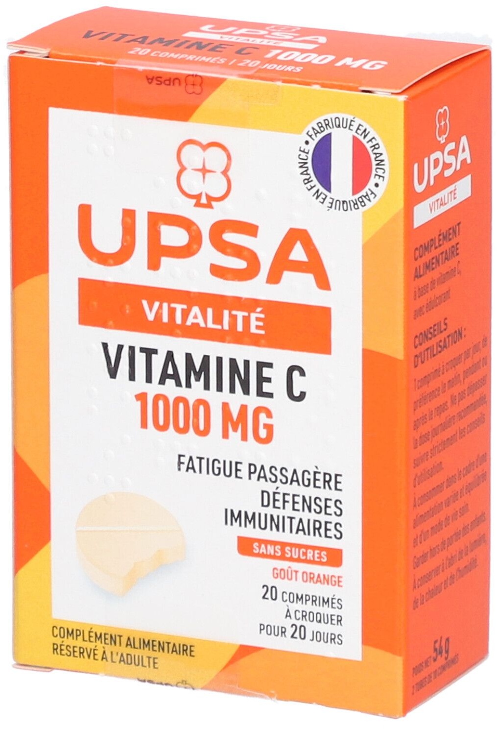 Vitamine C UPSA 1000 mg - 20 comprimés à croquer - Adulte - Complément alimentaire sans sucres, goût orange - Fatigue passagère et défenses immunitaires 20 pc(s) comprimé(s) à croquer