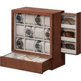 Songmics Uhrenbox für 12 Uhren mit Fenster Massivholzfurnier KaffeeBraun