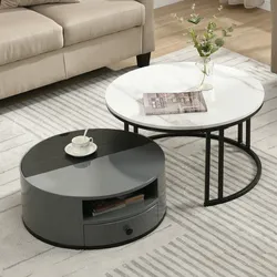 Merax Couchtisch mit Tischplatte in Patchwork-Design, Marmoroptik, Beistelltisch mit Schublade und versteckten Stauraum