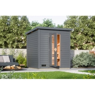 Karibu Gartensauna Saunahaus Hytti 2 terragrau Energiesparende Saunatür Ohne Ofen inkl. 8-teiligem gratis Zubehörpaket (Gesamtwert 191,92€)