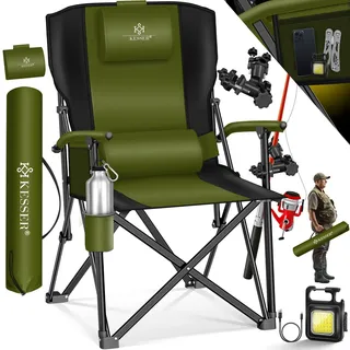 Kesser KESSER® Campingstuhl faltbar bis 160 kg Angelstuhl Faltstuhl Klappstuhl Gepolstert mit Armlehnen Campinglicht und Getränkehalter + Tasche mit hoher Rückenlehne Strandstuhl mit Angelhalterung