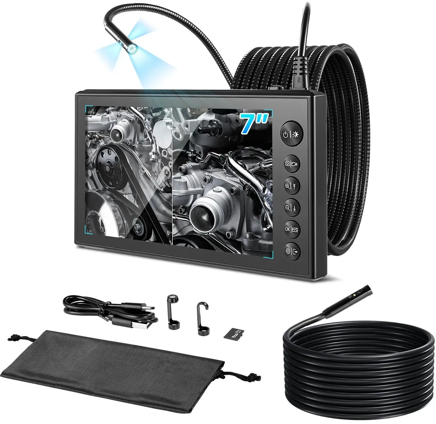 VEVOR Triple Lens Endoskopkamera mit 7 Zoll Bildschirm, 5000mAh Akku Inspektionskamera mit 5m 3m Kabel Splitscreen 8X Zoom 180° Bildrotation IP67 Wasserdicht, Industrie Endoskop mit LED für Auto Rohre