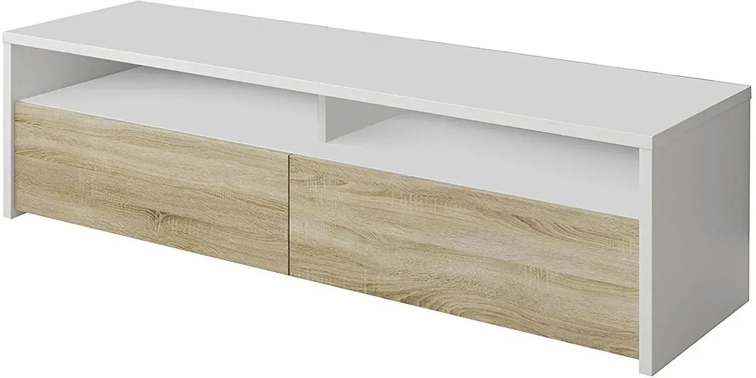 Dmora TV-Ständer Henderson, Sideboard für Wohnzimmerfernseher mit 2 Türen, Fernsehtisch, 130x40h36 cm, Glänzend Weiß