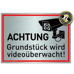 Großes Schild Achtung Grundstück wird videoüberwacht! Silber | stabiles Alu Schild mit UV-Schutz 42 x 30 cm