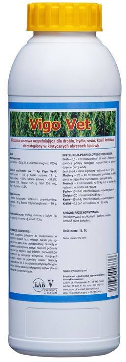 LAB-V Vigo Vet - Ergänzungsfuttermittel für Geflügel, Rinder, Schweine, Pferde und Kaninchen, unverzichtbar in kritischen Zuchtperioden 1L (Rabatt für Stammkunden 3%)