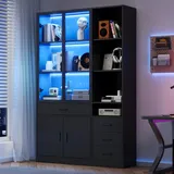 Merax Vitrinenschrank Glasvitrine mit LED, Modern Hochschrank mit Glastüren, 4 Schubladen, Offene Regale, Praktisch Bücherschrank Sammlervitrine Stehend, für Wohnzimmer Büro Esszimmer, 200cm, Schwarz
