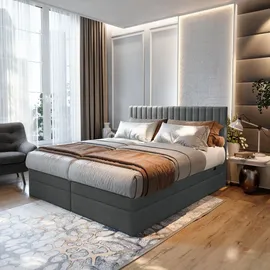 Trada Boxspringbett 200x200 Elektrisch verstellbar Taschenfederkern Doppelmatratze 9 Zonen Topper Bett mit Bettkasten Velour Stoff Dunkelgrau – Dunkelgrau