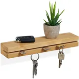 Relaxdays Schlüsselbrett, mit Ablage, Bambus, B: 29,5 cm, Schlüsselaufbewahrung Wand, Natur