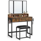 VASAGLE Schminktisch braun, schwarz rechteckig, Kufen-Gestell schwarz, 90,0 x 40,0 x 141,0 cm