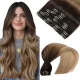 VINBAO Remy Clip in Echthaar Verlängerung Echthaar Dunkel Braun bis Chestnut Braun und Dirty Blonde Highlights Hair Extensions 100g 16 Zoll 6Stück (#2/6/18,40cm)