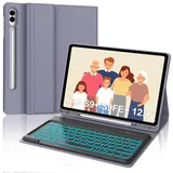 Tastatur für Samsung Galaxy Tab S9FE Plus, Hülle mit Tastatur für Samsung Tab S9+ 12.4", Magnetisch Abnehmbarer 7-Farbige Beleuchtung Tastatur QWERTZ Layout Galaxy S9+/S9FE+ Tablet 12.4 2023, Viola