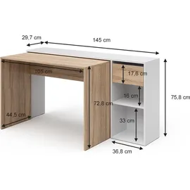 Vicco Schreibtisch Ben, Weiß-Sonoma Computertisch ausziehbar Arbeitstisch Bürotisch