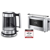 Russell Hobbs Wasserkocher, Glas Elegance, 200W & Toaster Langschlitz Elegance Glas/Edelstahl, inkl. Brötchenaufsatz, 6 elektronisch einstellbare Bräunungsstufen + Auftau- & Aufwärmfunktion, 1420W