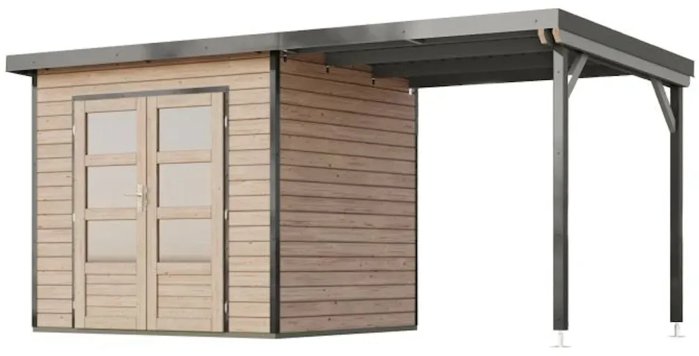 Karibu Metall-Holzgartenhaus Hybridhaus Pluto 2 A - 28 mm -244 x 204 cm +  B 233 cm Anbaudach Holz-Ausführung: naturbelassen Blech-Ausführung: graualuminium