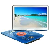 YOOHOO 16.9" tragbarer DVD Player für Auto und Kinder mit Bildschirm 14.1" HD Bildschirm,mit akku,unterstützt alle Regionen, mehrere Regionen, Auto DVD Player für Kinder, Kopfhörer/SD/USB,Blau