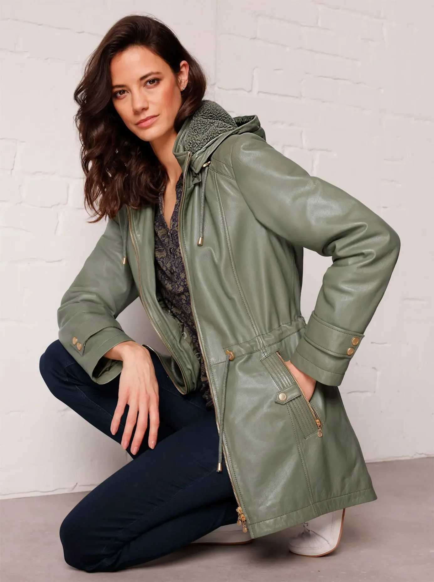 Lederjacke MAINPOL, Damen, Gr. 46, grün (khaki), 100% Lammnappaleder, unifarben, Jacken