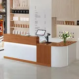 GUQASDV Reception Desk Modern, Reception Table, Empfangstresen Klein, Rezeptionstheke Holzwerkstoff mit Feiner Verarbeitung für Schönheitssalons(White+Brown,140cm)