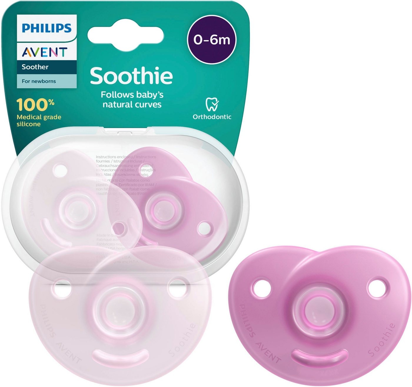 Philips AVENT Schnuller Soothie 0-6m SCF099, kiefergerecht geformter Sauger aus Silikon, inkl. Sterilisationsbox rosa 