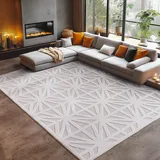 Carpetsale24 In- & Outdoor Teppich 280x370 cm – Wetterfest & XXL großer Teppich in Creme mit Rauten Design & 3D Hoch-Tief-Effekt – Für Terrasse, Balkon, Wohnzimmer & Schlafzimmer