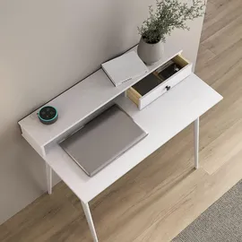 Idimex Schreibtisch MALINA mit Aufsatz & Schublade aus Kiefer Massivholz, weiß - Bürotisch mit Stauraum & konischen Beinen, Stabiler PC-Tisch aus robust... - Weiß