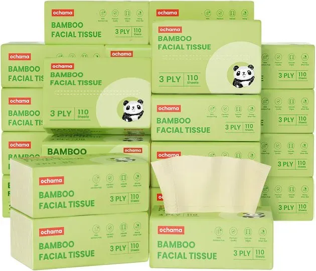 ochama Papierhandtücher, 3-lagiges Bambuszellstoffpapier, Taschentücher, Toilettenpapier, Servietten, 110 Blatt * 24 Packungen, Familienpackung