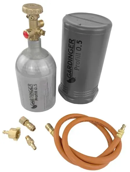Befüllbare Aluminium Propanflasche Profill 0,5 mit Umfüllschlauch und Schnellkup...