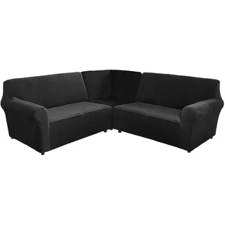 Ecksofabezug 5-Sitzer / 7-Sitzer L-Form 3er-Set - Hohe Stretch weichen Samt Ecke Sektional Sofa überzug Couch Abdeckungen für L Form Ecke Sofa Möbelschutz für Wohnzimmer (Black, 7 Seater)