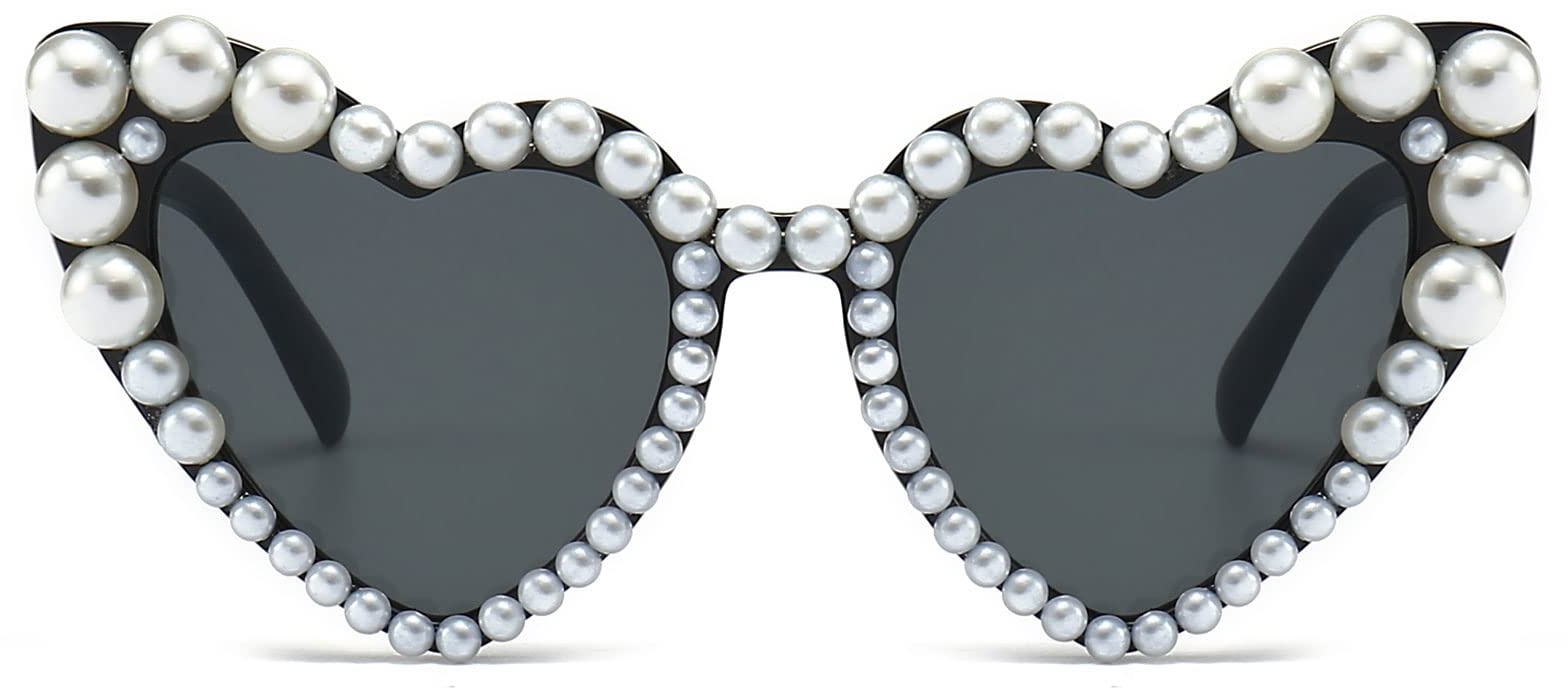 LJCZKA Vintage Sonnenbrille Herz Perlen Damen Retro Sonnenbrille Klassisch Frauen Aesthetic Partybrille Herzbrille UV-Schutz