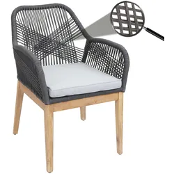 Gartenstuhl MCW-H56b, Sessel Outdoor Stuhl, wetterfest Seilgeflecht Rope Holz Akazie ~ dunkelgrau Kissen hellgrau