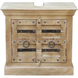 SIT Möbel Waschbeckenunterschrank "Daipur", beige (natur, antikgrau), B:66cm H:60cm T:41cm, Massivholz, Schränke, Waschbeckenunterschrank, geschnitzte Verzierungen und Siphonausschnitt